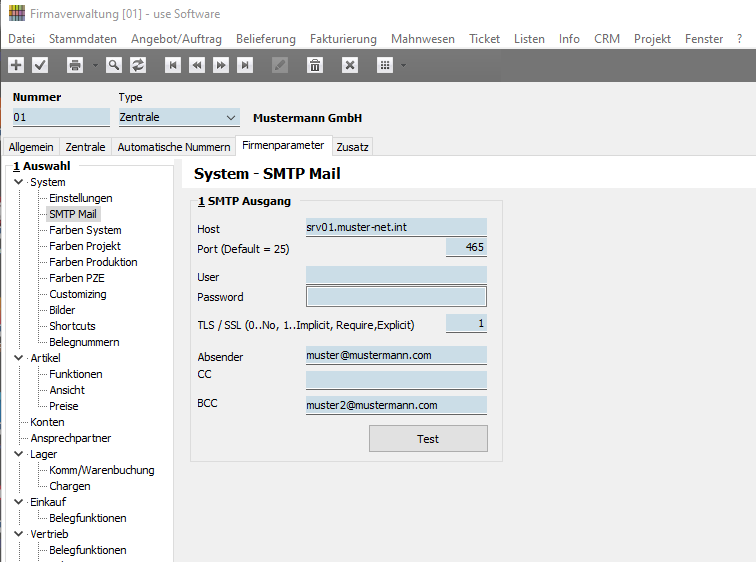 Screenshot FRX Service Firmenparam